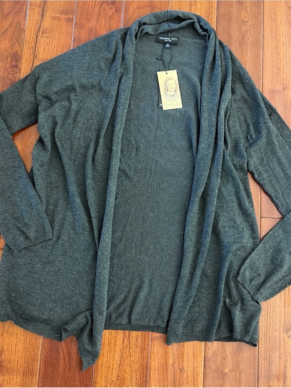 Philomena Petti Cardigan Size Medium Grey Waterfall Draped Open Lightweight NEW